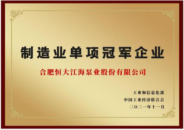 国家级!恒大江海泵业入选“制造业单项冠军企业” 国家级!恒大江海泵业入选“制造业单项冠军企业”